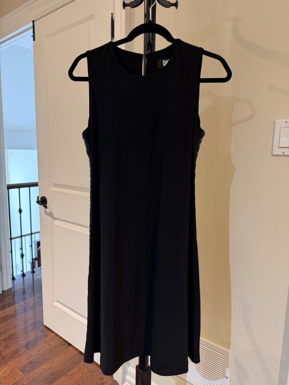 DKNY Black Sleeveless Round-Neck Dress with Tonal Logo Side Trim Small